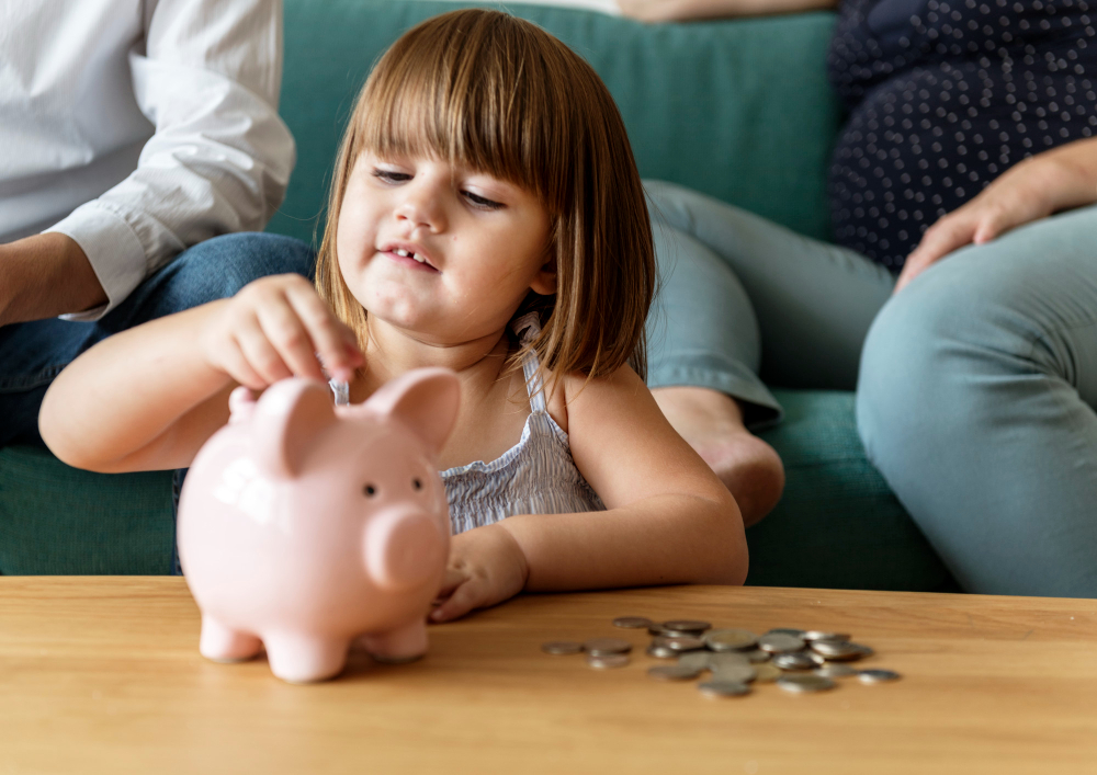 A side-by-side comparison of a child receiving toys vs. a child looking at a growing savings fund.