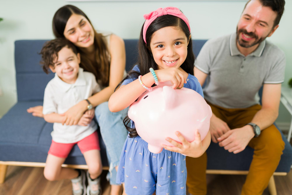 A child dropping coins into a piggy bank with a parent explaining savings.